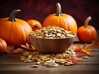 A rustic wooden bowl filled with raw pumpkin seeds, set against a backdrop of autumn leaves and pumpkins, highlighting their natural, seasonal appeal