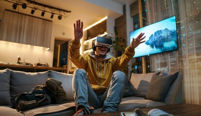 A man immersed in a virtual reality world, escaping the confines of his living room through the power of technology.Generated image
