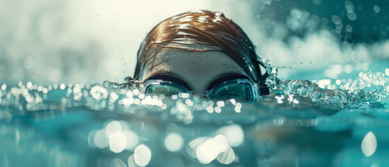 Intense close-up of a swimmer's face halfway submerged, pushing through water mid-stroke.