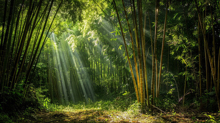 A Serene Bamboo Forest in the Early Morning Light, with Shafts of Sunlight Filtering Through the Dense Foliage, Tranquility and Beauty of the Natural Environment