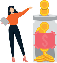 The girl is saving money in a jar.