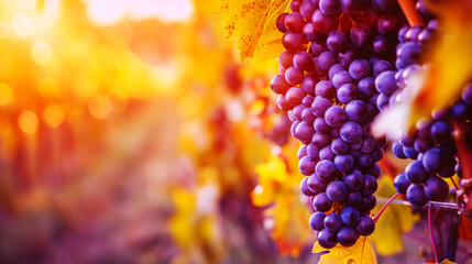 Lush clusters of purple grapes hanging from vines in a vineyard, bathed in warm sunset light.