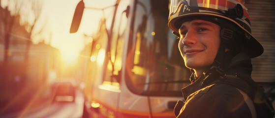 Firefighter smiles at sunset, a beacon of hope against the evening sky.