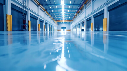 Empty modern warehouse interior with a shiny reflective floor and multiple closed garage doors. - Powered by Adobe