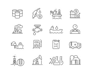 Oil and Gas Industry Icon collection containing 16 editable stroke icons. Perfect for logos, stats and infographics. Edit the thickness of the line in Adobe Illustrator (or any vector capable app).