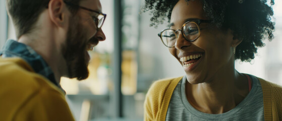 Joyful pair in a deep conversation, sharing genuine smiles and laughter together.