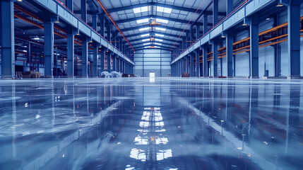 Fototapeta premium Interior of a large, clean warehouse with reflective shiny floor and a systematic arrangement of pillars and lights.