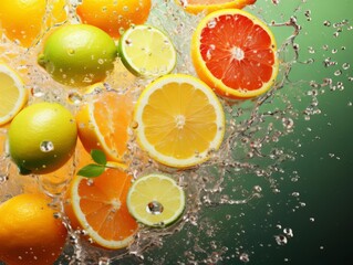 A vibrant background of scattered fresh citrus fruits with droplets of water, highlighting their natural juiciness and freshness, ideal for beverage advertisements