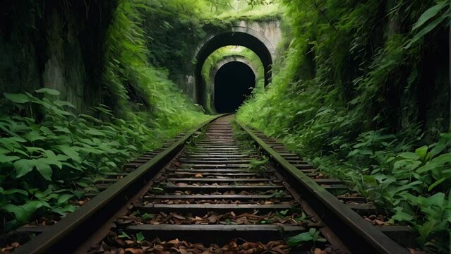  vintage railway track with tunnel in nature forest.