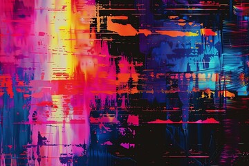 Glitch art with abstract digital errors and distortions in a palette of vibrant neon colors against a black matrix