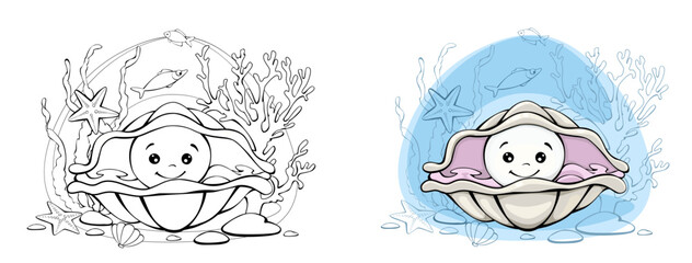 Shell, pearl shell, clam, oyster. a set of vector cliparts,  color and line art, illustrations. coloring book