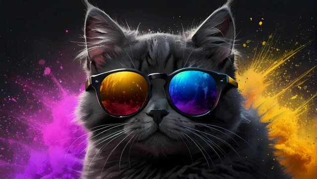 Adorable Persian cat wear sunglasses with powder explosion background, Seamless looping 4k video animation background.