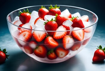 ripe strawberries in a large glass bowl filled with ice water