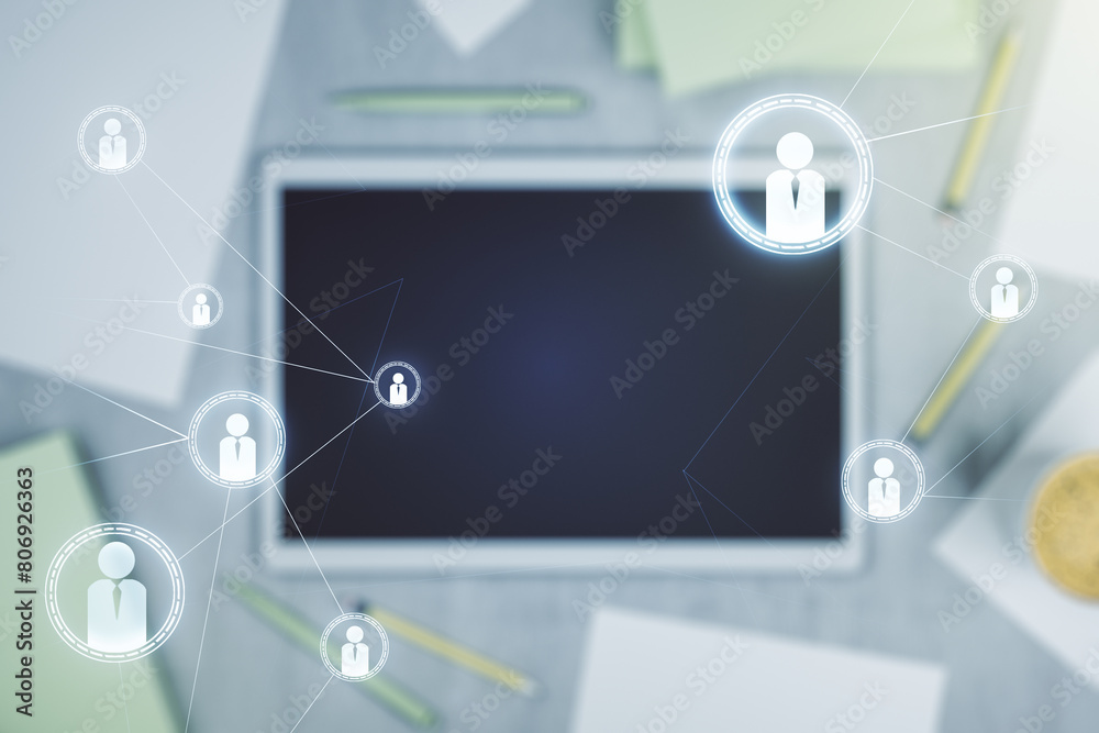 Poster double exposure of social network icons concept and digital tablet on background, top view. marketin