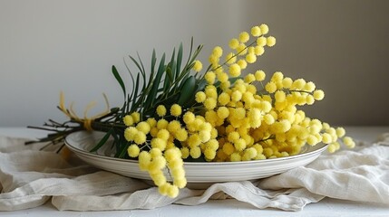   A white bowl holding yellow flowers atop a white cloth-covered table - Powered by Adobe