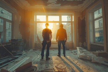 Two men in a sunlit room with hardwood flooring and windows