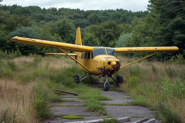 “Abandoned Flight” A yellow airplane rests in overgrown grass, surrounded by nature’s reclamation.