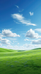Obraz premium Natural background scene of green hills, blue sky, fluffy clouds, copy space