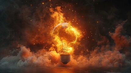   Light bulb radiating fiery beams against a dark backdrop with billowing smoke clouds