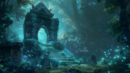 Enchanting forest temple with bioluminescent plants hidden oceanic civilization mysterious inhabitants. Concept Adventure, Mystical World, Forest Temple, Bioluminescent Plants, Hidden Civilization