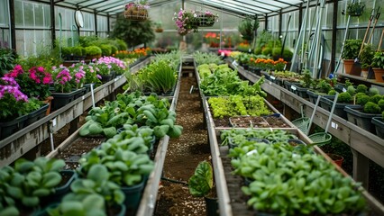 Organized Greenhouse Setup with Plant Rows, Gardening Tools, and Irrigation Systems. Concept Greenhouse Layout, Plant Arrangement, Garden Tools, Irrigation System, Organized Setup