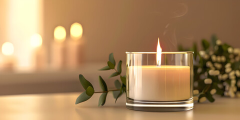 Burning scented candles for relax with green leaves and white flowers branch on white wooden table and blurred bokeh candle background.