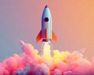 A 3D illustration of a vibrant rocket launching symbolizing growth and innovation