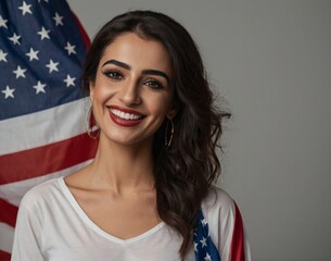 Young Arabian woman face portrait with the USA flag make up celebrating Independence Day 