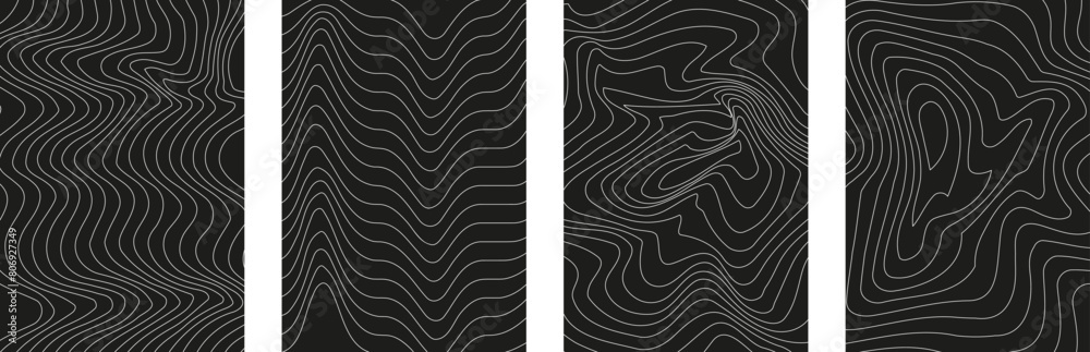 Poster set of black geometric backgrounds with editable stroke. distorted grid posters in trendy psychedeli