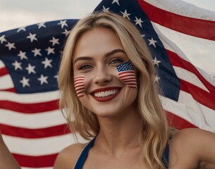 Young blonde woman face portrait with the USA flag make up celebrating Independence Day 