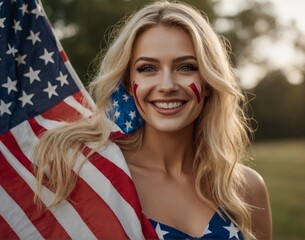 Young blonde woman face portrait with the USA flag make up celebrating Independence Day 