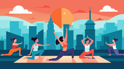 A rooftop yoga class taking place in the early morning with the skyline serving as a stunning backdrop..