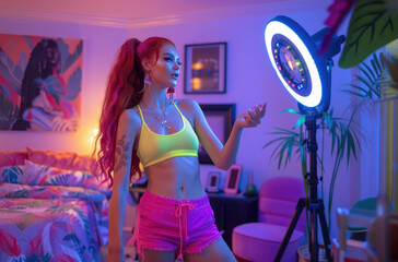 A beautiful redhead teenage girl in pink shorts and yellow top is using ring light for live streaming