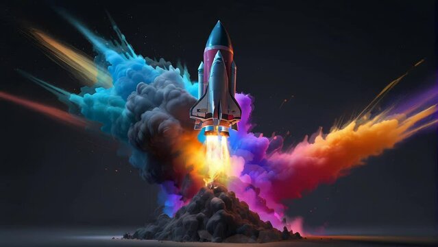 New space rocket lift off. Space shuttle with colorful smoke and blast takes off into space, Seamless looping 4k video animation background.