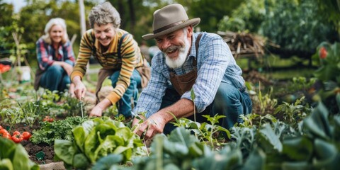Happy people of all ages working in the vegetable garden. Parents and children tend the garden together. Organic gardening