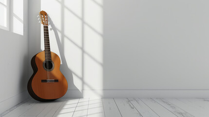 Brown guitar on white background in corner of room