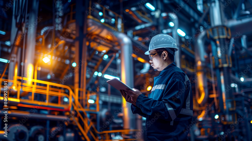 Wall mural an asian engineer in safety gear checks a tablet inside an illuminated industrial plant. - Wall murals