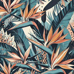 Watercolor tropical leaves and flowers with contour seamless pattern.