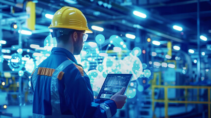 A worker with a hard hat uses a tablet with futuristic interface graphics in a bustling industrial plant.