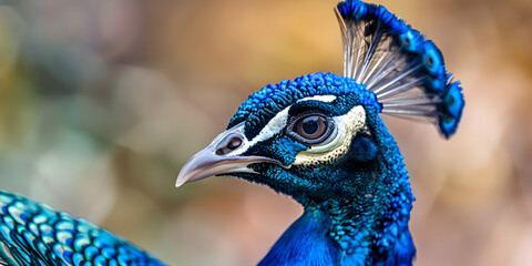 A beautiful blue peacock with blue fluffy features and blurred background.