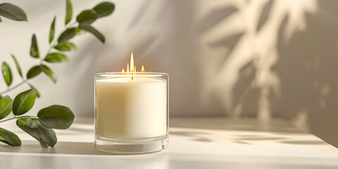 Glass cup candle with wooden wick scented for interior minimal home decoration with white wall background.