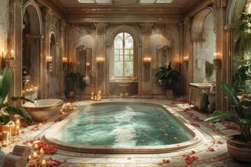 In the rooms center, a spacious tub is beautifully lit by candles