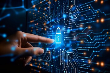 Fototapeta premium Secure digital platform audit for tablet with lock protection, enhancing data encryption and cybersecurity policy against hacker syntax breaches.