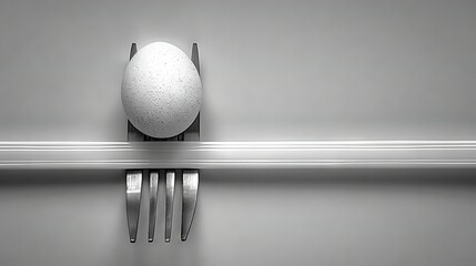   An egg rests on a table beside a fork and a cake
