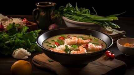 Tom Yam ,Prawn and lemon soup with mushrooms, thai food in wooden bowl. Ai generative.