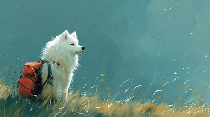 A beautiful and fluffy white Samoyed dog stands proudly on a green meadow with a bright red backpack on his back with copy space. Animals travel