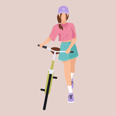 Beautiful girl with brown hair, pink shirt, blue shorts, purple cap riding a bike on beige background in flat for lifestyle, posters, wallpapers