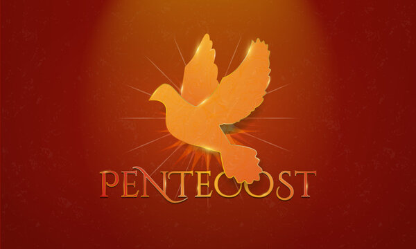 Gold and Red Symbolic Pentecost Sunday Greeting Art Banner. Gold artistic Dove Icon with glowing golden edges. Pentecost typography art on red background. Vector Illustration.
