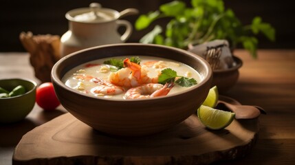 Tom Yam ,Prawn and lemon soup with mushrooms, thai food in wooden bowl. Ai generative.