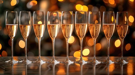A set of champagne glasses carefully arranged in a row on the table. Holiday concept with romantic mood